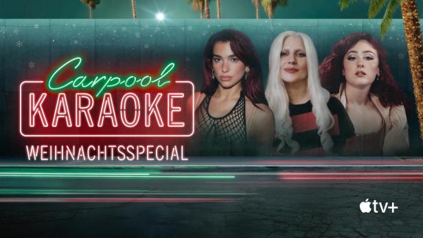 Das Werbeplakat für das „Carpool Karaoke“-Weihnachtsspecial mit Dua Lipa, Sharon Stone und Kacey Musgraves.