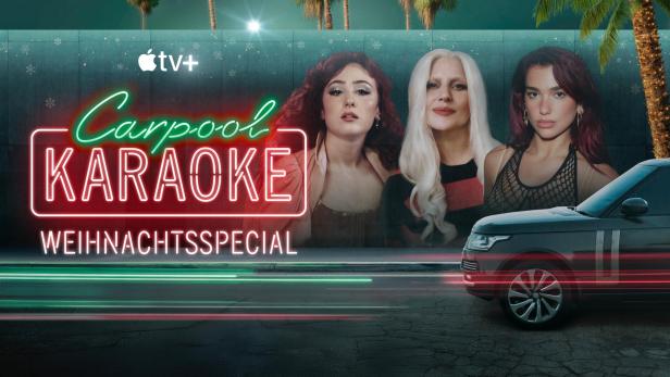Das Werbeplakat für das „Carpool Karaoke“-Weihnachtsspecial mit drei Sängerinnen und einem Auto.