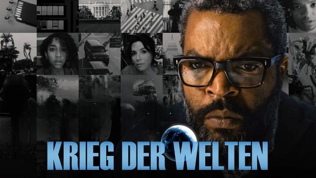 Das Filmplakat für „Krieg der Welten“ zeigt Ice Cube und verschiedene Szenen der Invasion.