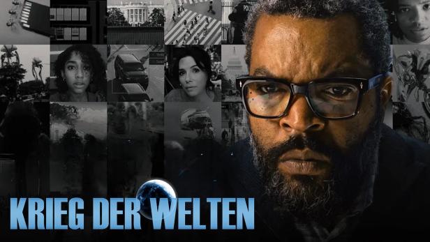 Ein Mosaik-artiges Bild mit dem Schauspieler Ice Cube und dem Titel „Krieg der Welten“.