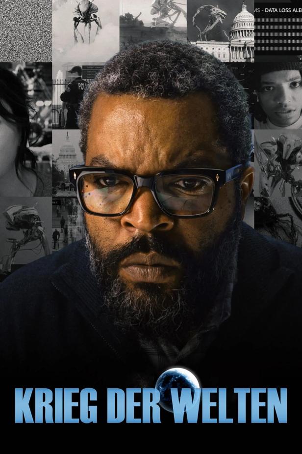 Das Filmplakat für „Krieg der Welten“ zeigt Ice Cube vor einer Collage apokalyptischer Bilder.