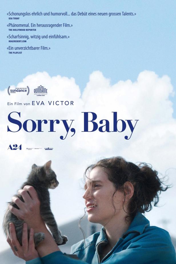 Eine Frau hält ein Kätzchen auf dem Filmplakat zu „Sorry, Baby“.