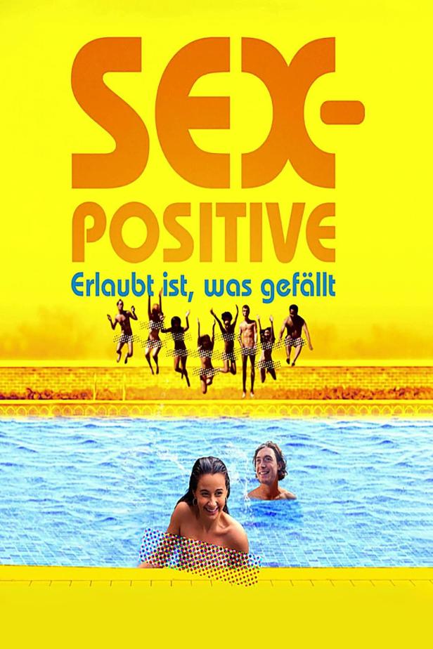 Das Poster für „Sex Positive“ zeigt Menschen, die in einen Pool springen und schwimmen.