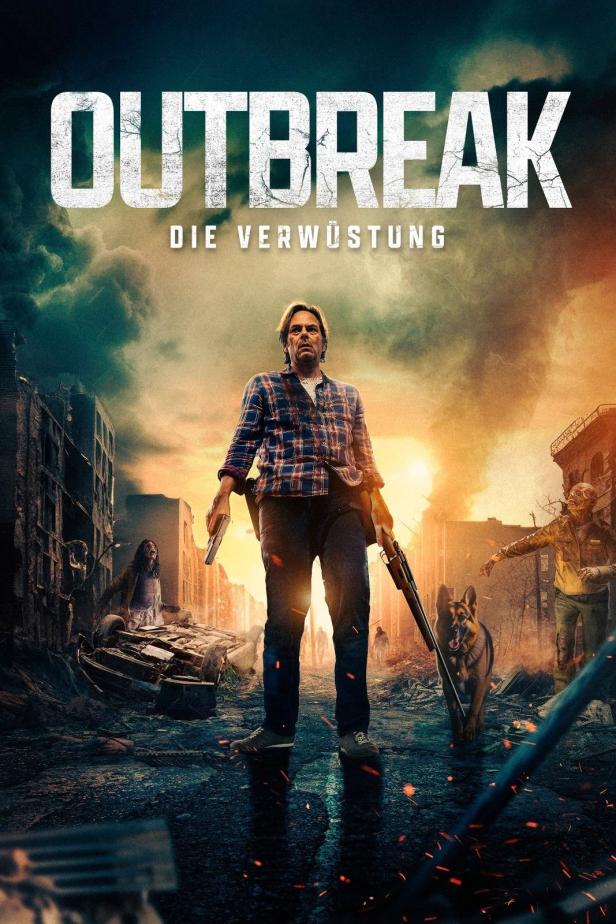 Ein Mann mit Schusswaffen und Schäferhund steht in einer zerstörten Stadt, im Hintergrund Zombies.