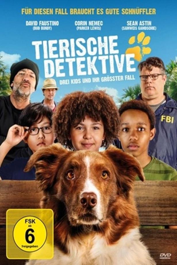 Das Filmplakat für „Tierische Detektive“ zeigt einen Hund und drei Kinder, die Detektivarbeit leisten.