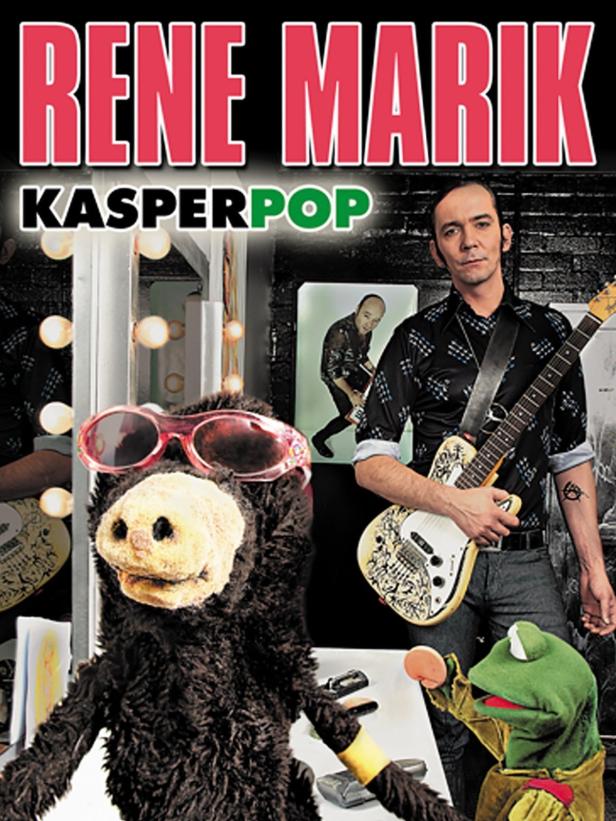Cover des Albums „Kasperpop“ von René Marik mit ihm, einem Bären und Kermit, dem Frosch.