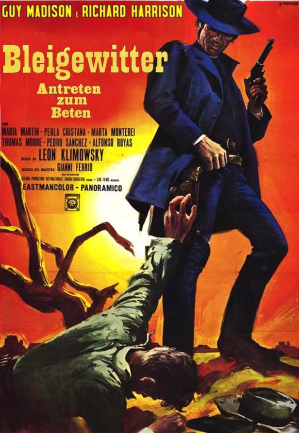 Ein Cowboy steht über einem gefallenen Mann auf dem Filmplakat zu „Bleigewitter“.