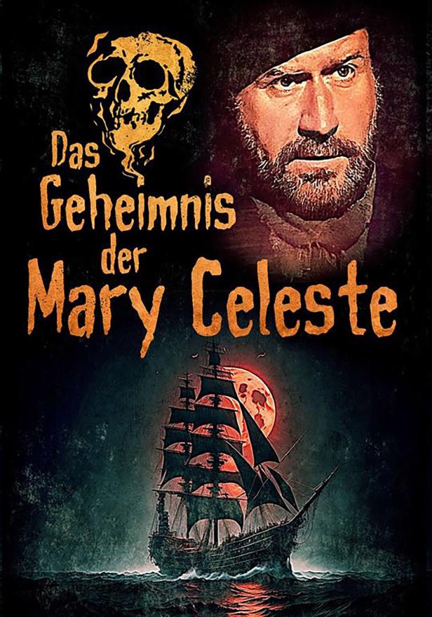 Das Filmplakat zu „Das Geheimnis der Mary Celeste“ zeigt ein Segelschiff vor einem roten Mond.