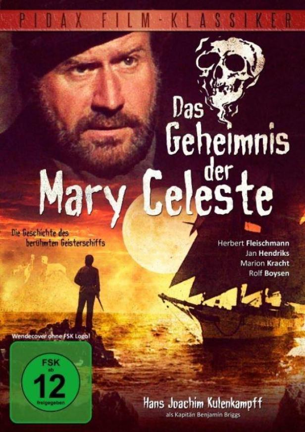 Das Filmplakat zu „Das Geheimnis der Mary Celeste“ zeigt einen Mann, ein Schiff und einen Totenkopf.
