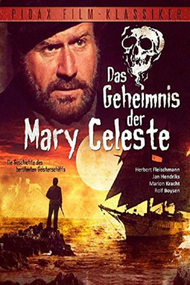 Das Filmplakat für „Das Geheimnis der Mary Celeste“ zeigt einen Mann, ein Schiff und einen Totenkopf.