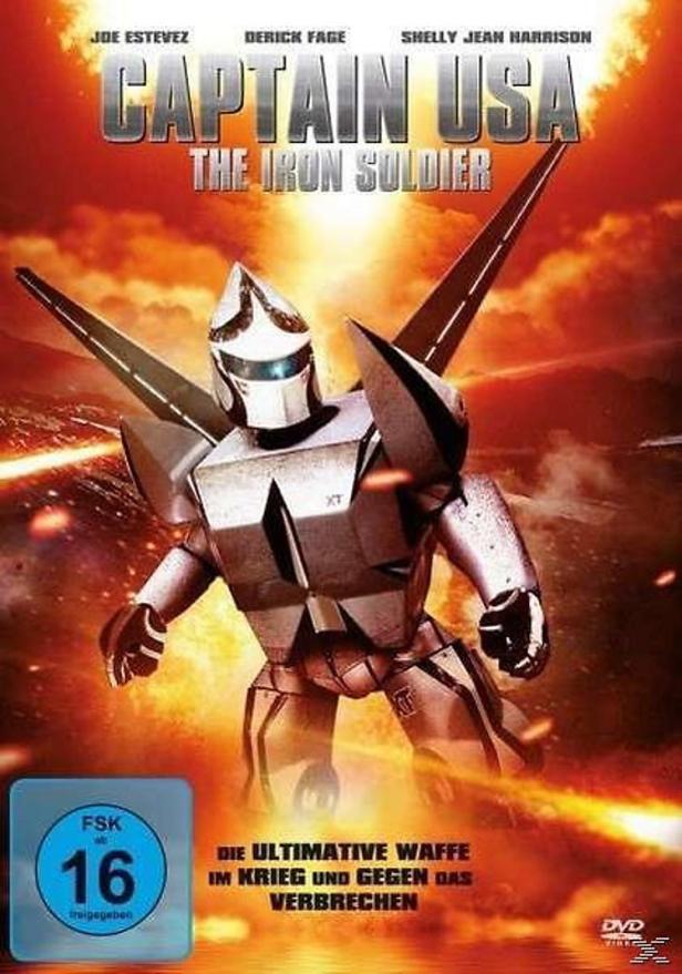 Das Cover des Films „Captain USA: The Iron Soldier“ zeigt einen Roboter vor einem orangefarbenen Himmel.
