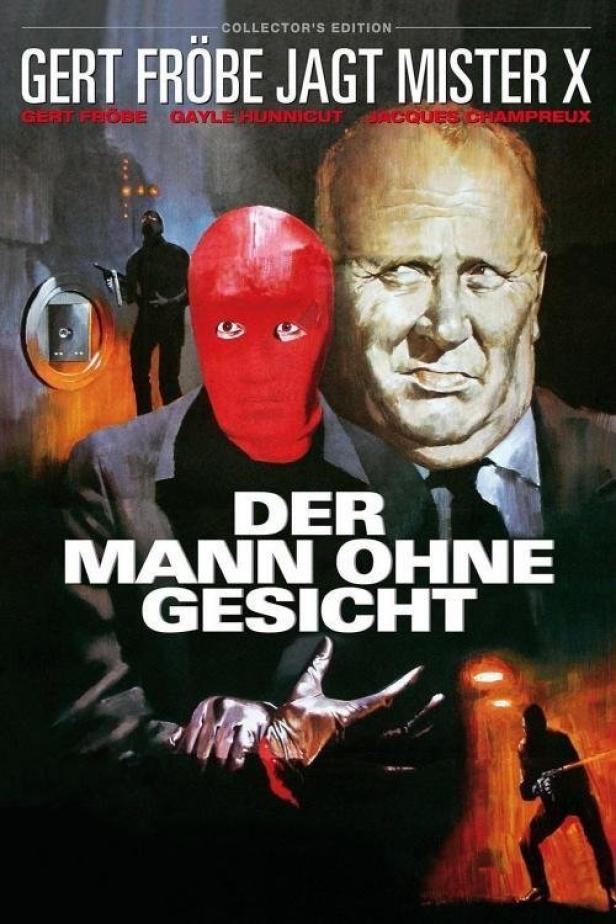 Das Filmplakat für „Gert Fröbe jagt Mister X“ zeigt einen Mann mit roter Maske und Gert Fröbe.