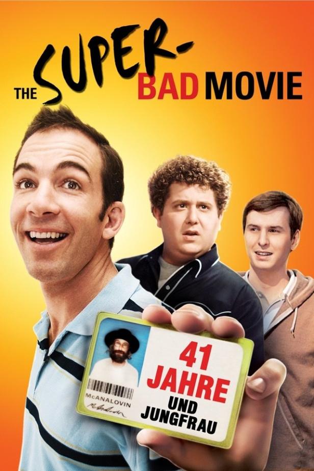 Das Filmplakat zu „Superbad“ zeigt drei junge Männer und einen gefälschten Ausweis.