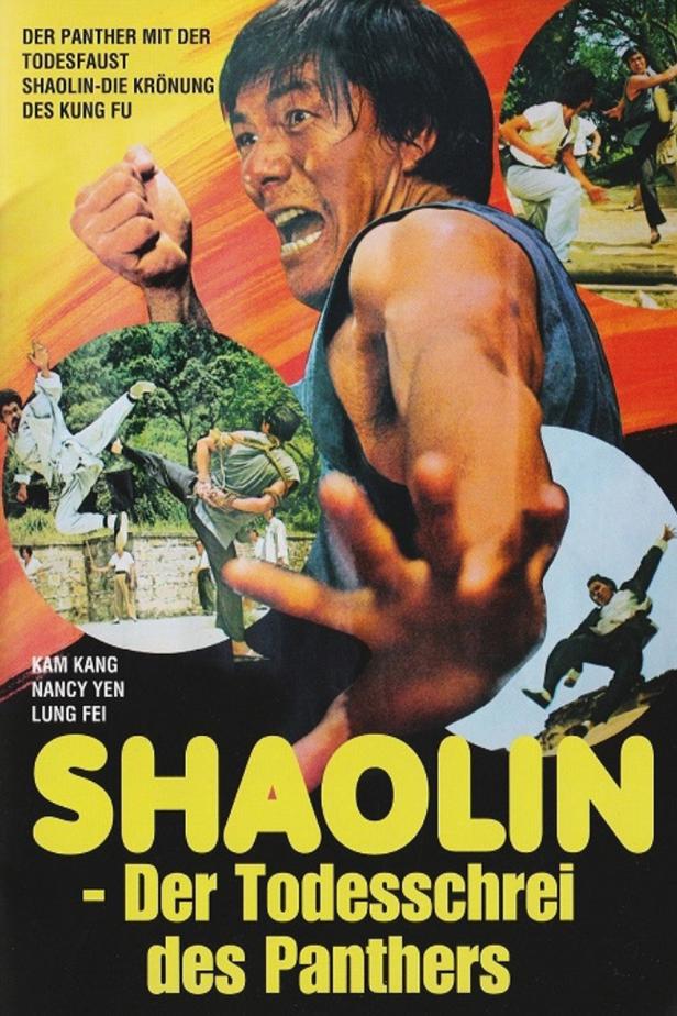 Das Filmplakat für „Shaolin – Der Todesschrei des Panthers“ zeigt einen schreienden Mann und Kampfszenen.