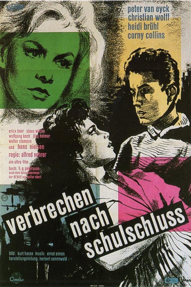 Das Filmplakat für „Verbrechen nach Schulschluss“ zeigt stilisierte Porträts der Schauspieler.
