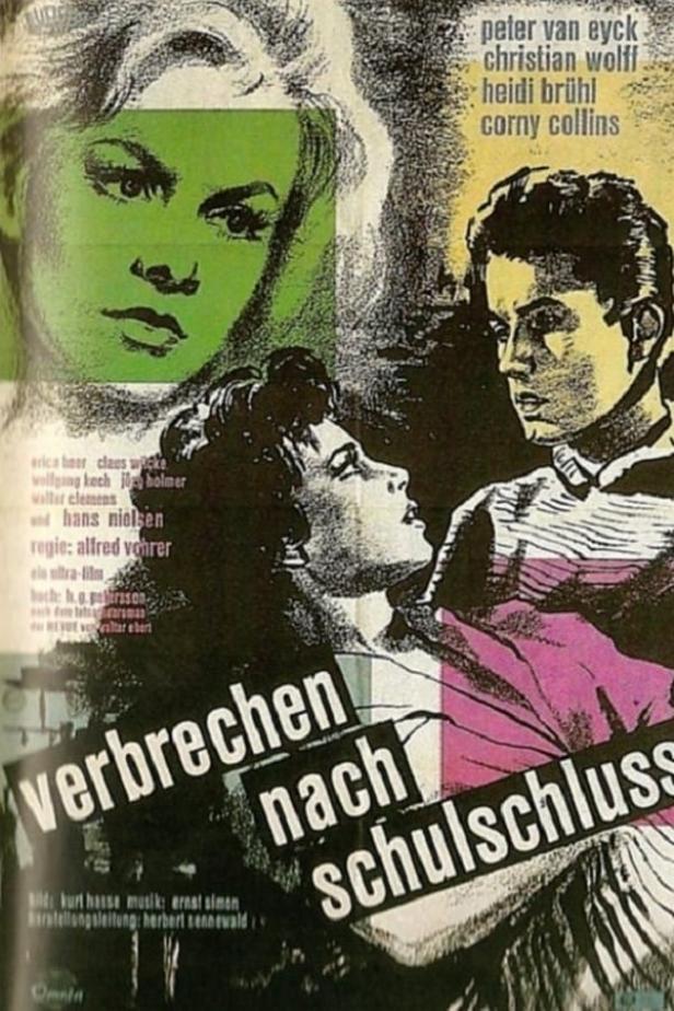 Das Filmplakat für „Verbrechen nach Schulschluss“ zeigt stilisierte Porträts der Schauspieler.