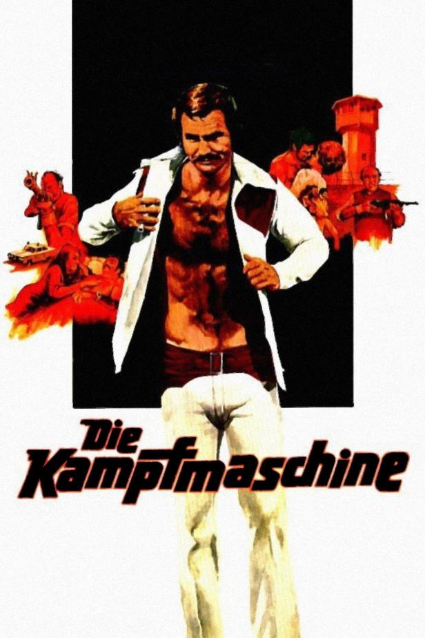 Das Filmplakat für „Die Kampfmaschine“ zeigt einen Mann mit offenem Hemd und einer Waffe.