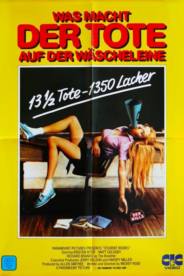 Das Filmplakat für „Student Bodies“ zeigt eine Studentin mit einem Megaphon im Mund.