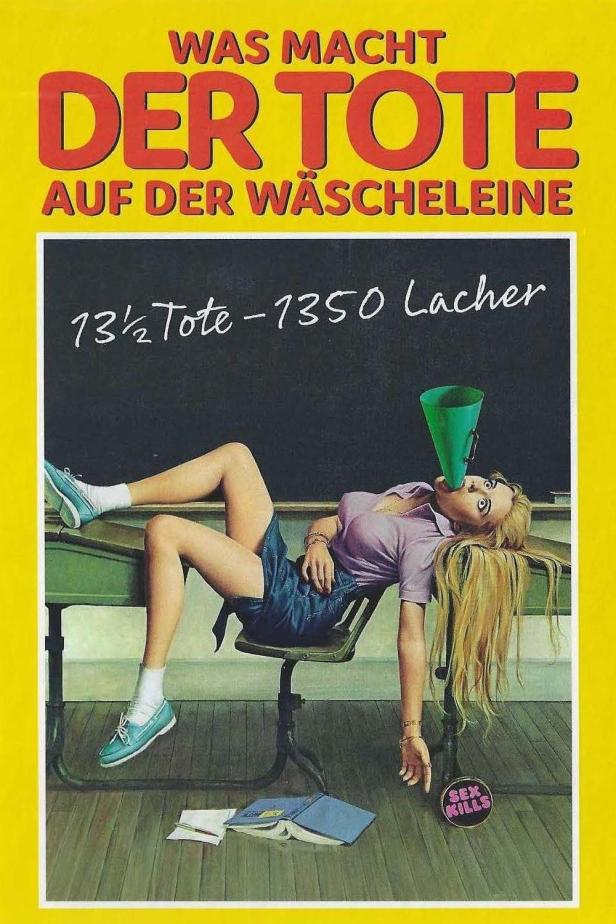 Das Cover des Buches „Was macht der Tote auf der Wäscheleine“ zeigt eine bewusstlose Frau mit Trichter im Mund.