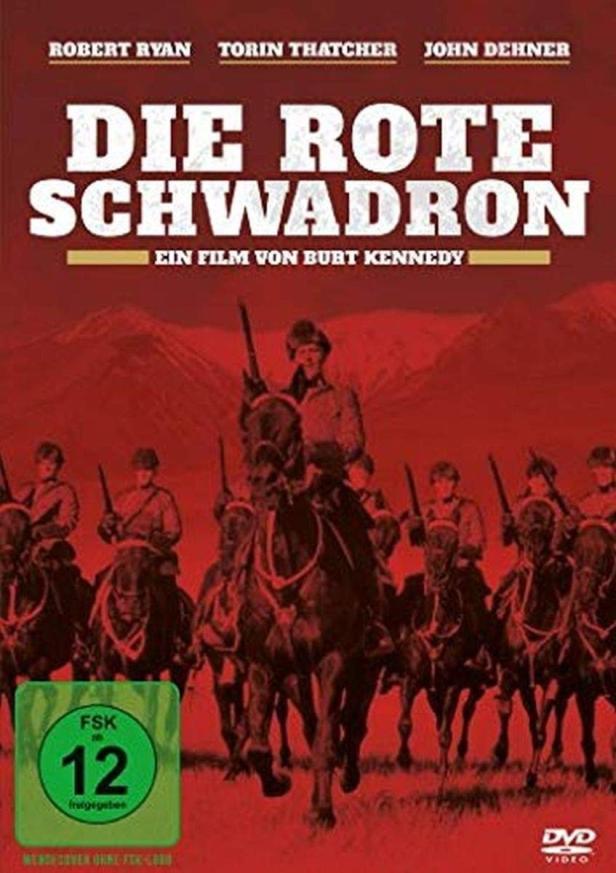 Das Filmplakat für „Die Rote Schwadron“ zeigt eine Kavallerie vor rotem Himmel.