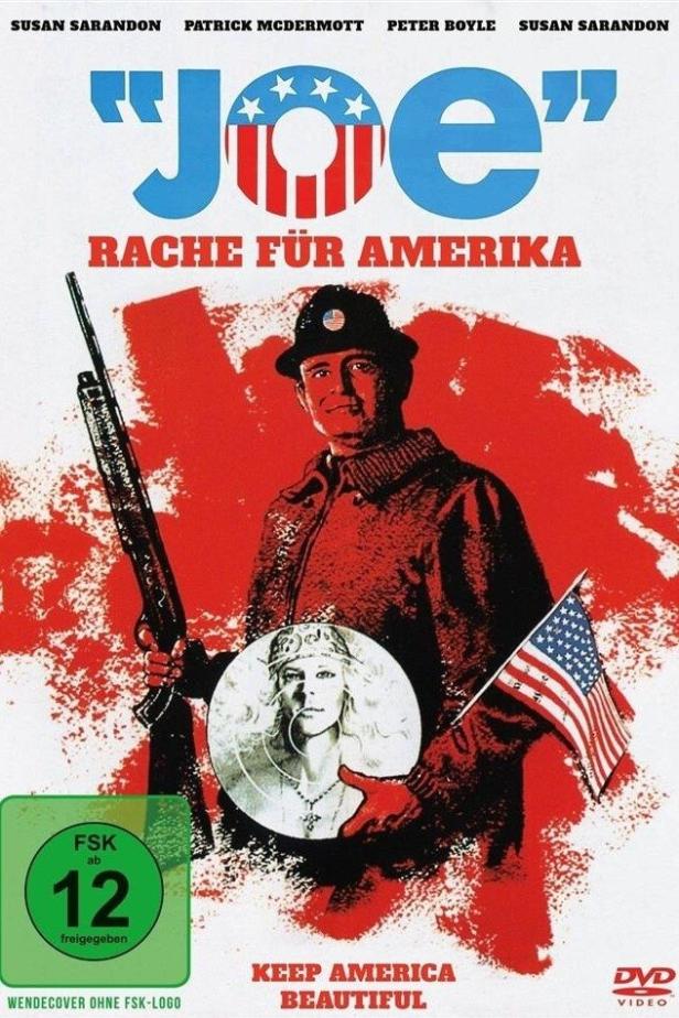 Das Cover des Films „Joe – Rache für Amerika“ zeigt einen Mann mit Gewehr und US-Flagge.