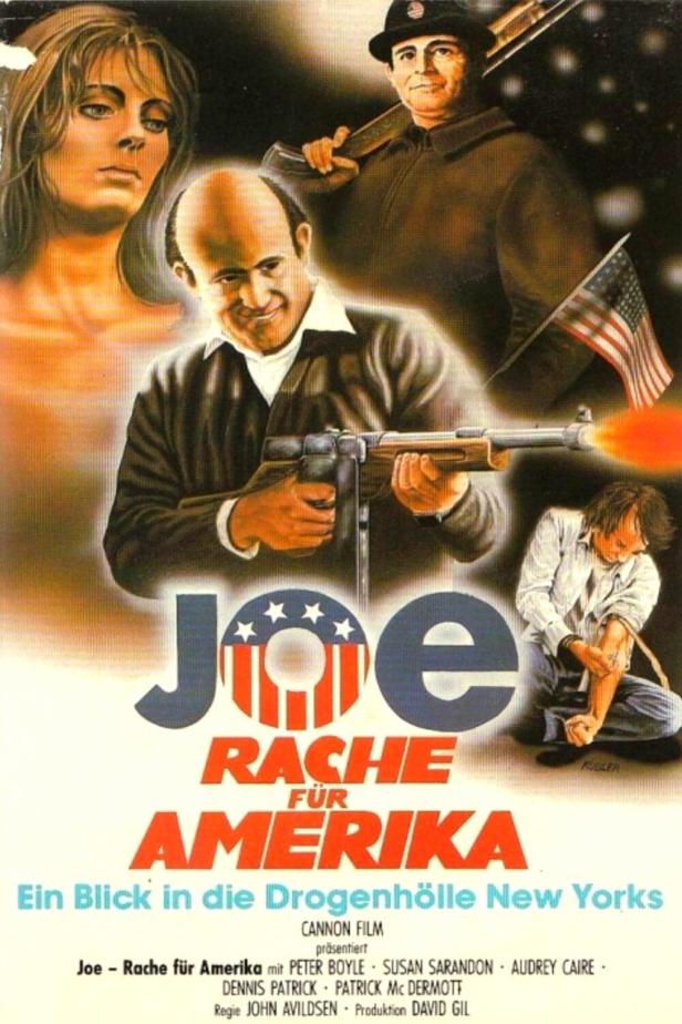 Das Filmplakat für „Joe – Rache für Amerika“ zeigt mehrere Charaktere und eine amerikanische Flagge.