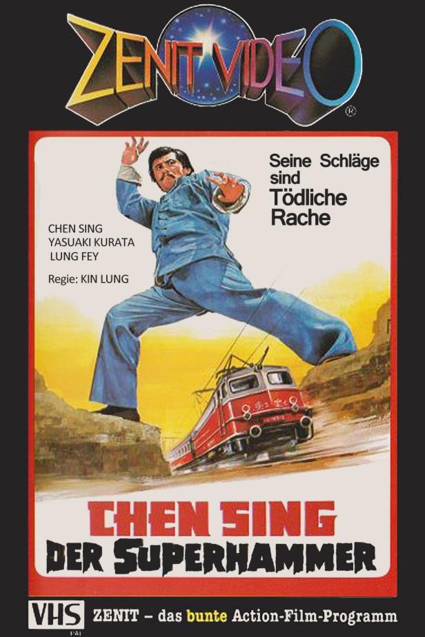 Ein Mann in Kampfpose steht vor einem roten Zug auf dem Cover von „Chen Sing – Der Superhammer“.