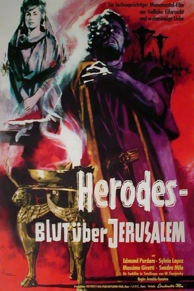 Das Filmplakat für „Herodes – Blut über Jerusalem“ zeigt stilisierte Figuren und einen goldenen Kessel.