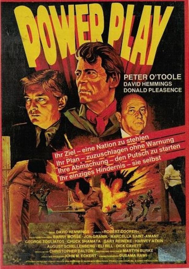 Das Filmplakat für „Power Play“ zeigt Peter O'Toole, David Hemmings und Donald Pleasence vor einer Explosion.