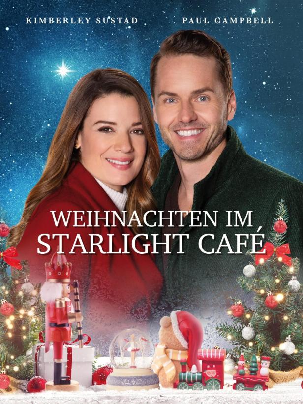 Das Filmplakat für „Weihnachten im Starlight Café“ zeigt Kimberley Sustad und Paul Campbell vor weihnachtlicher Dekoration.