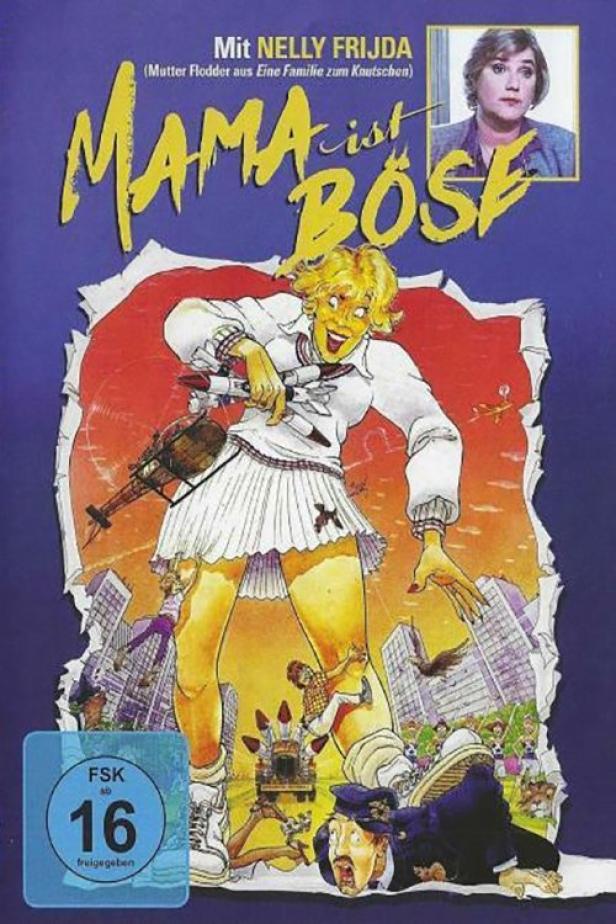 Das Cover des Films „Mama ist böse“ mit einer Comiczeichnung von Nelly Frijda als überdimensionaler Frau.