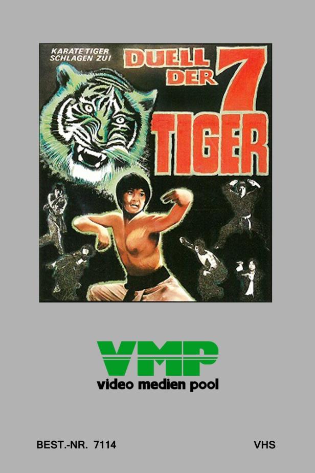 Das VHS-Cover des Films „Duell der 7 Tiger“ zeigt einen Kämpfer und einen Tiger.