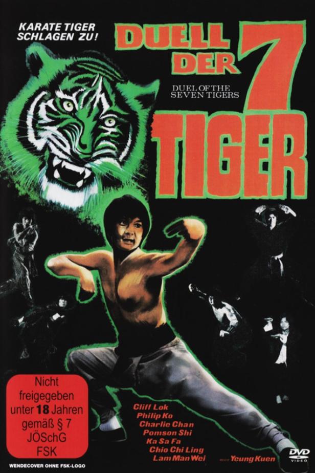 Das Filmplakat für „Duell der 7 Tiger“ zeigt einen Karatekämpfer und einen Tiger.