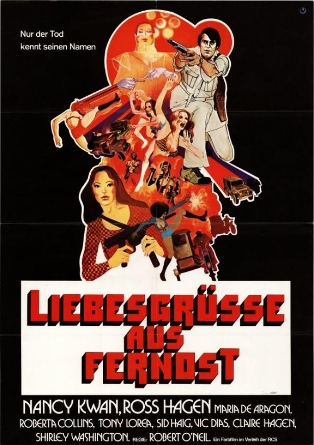 Das Filmplakat für „Liebesgrüsse aus Fernost“ zeigt bewaffnete Figuren und Fahrzeuge.
