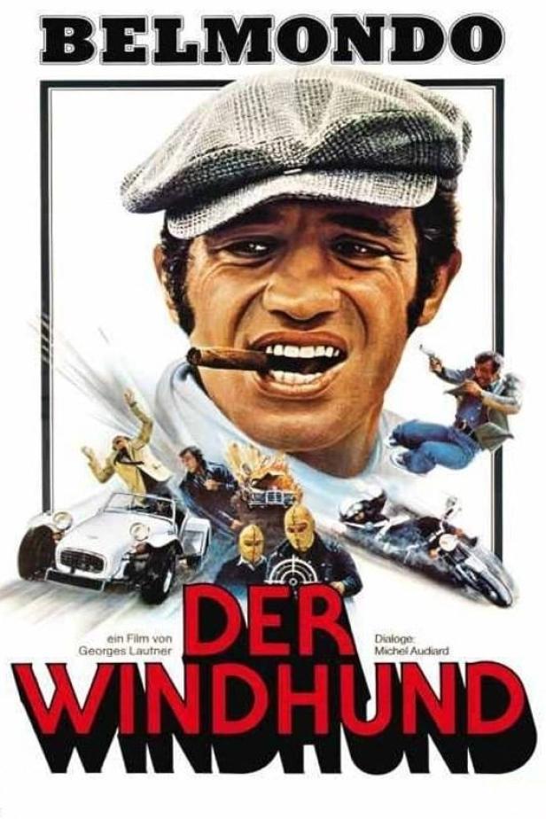 Das Filmplakat für „Der Windhund“ zeigt Jean-Paul Belmondo mit einer Zigarre im Mund.