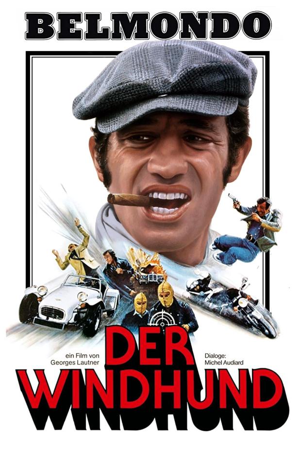 Das Filmplakat für „Der Windhund“ zeigt Jean-Paul Belmondo mit Zigarre und actionreichen Szenen.