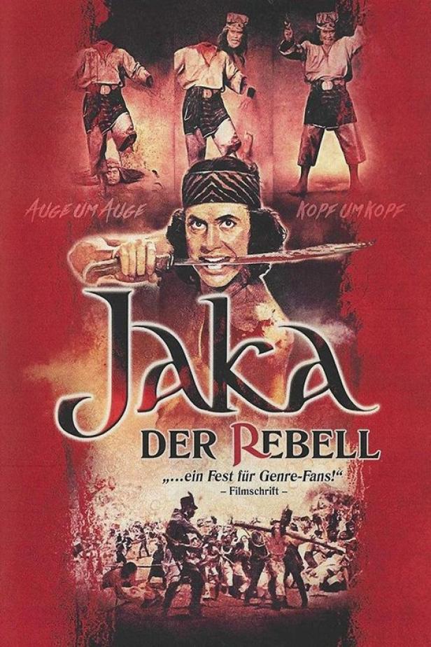Das Filmplakat für „Jaka der Rebell“ zeigt einen Mann mit einem Messer im Mund vor einem roten Hintergrund.
