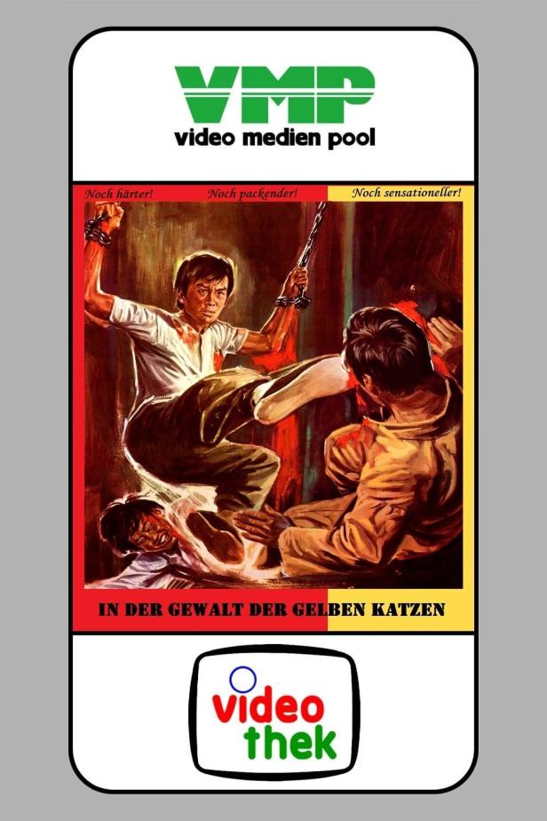 Ein Mann mit Handschellen tritt einen anderen Mann auf dem Cover des Films „In der Gewalt der gelben Katzen“.