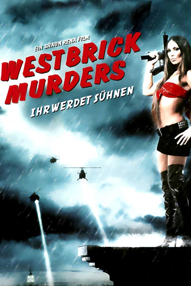 Das Filmplakat für „Westbrick Murders“ zeigt eine bewaffnete Frau und Hubschrauber im Regen.