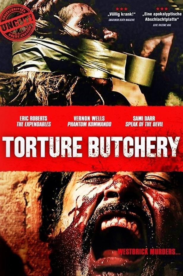 Das Cover des Horrorfilms „Torture Butchery“ zeigt zwei gefolterte Männer.