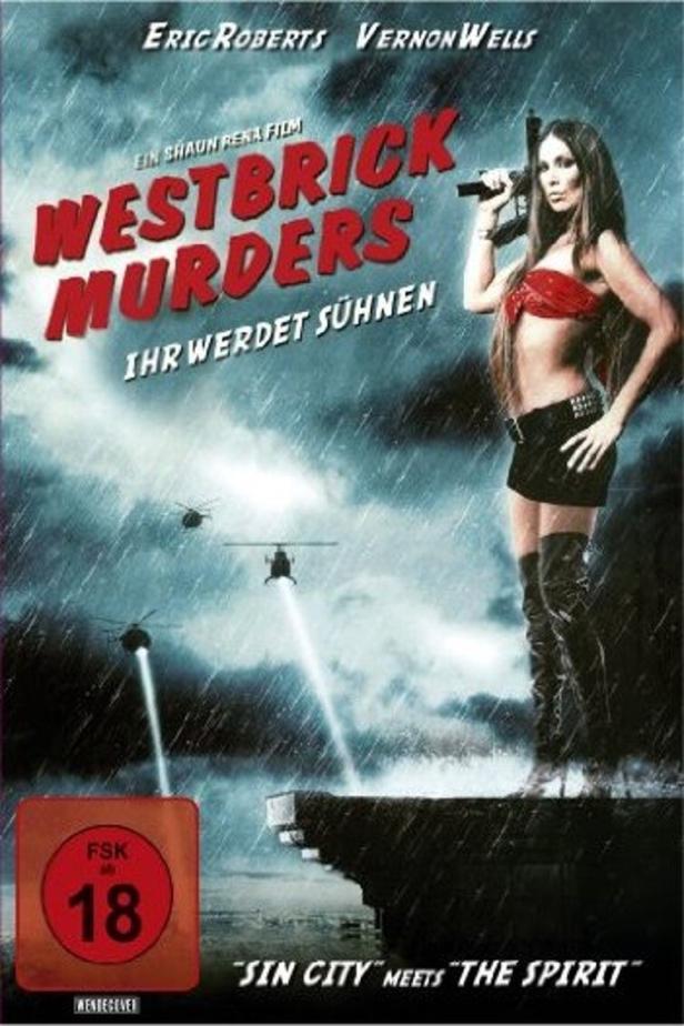 Das Filmplakat für „Westbrick Murders“ zeigt eine bewaffnete Frau vor einem stürmischen Himmel mit Hubschraubern.
