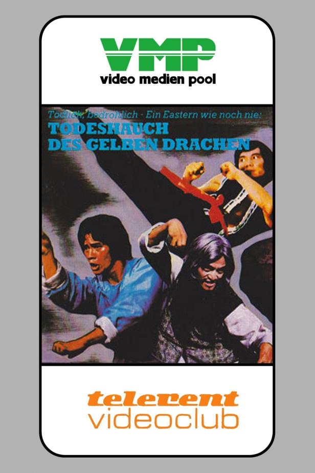 Das Cover des Films „Todeshauch des gelben Drachen“ zeigt drei asiatische Kampfkünstler in Aktion.