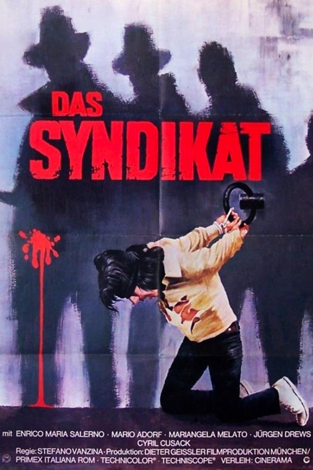 Das Filmplakat für „Das Syndikat“ zeigt eine gefesselte Person vor drei dunklen Silhouetten.