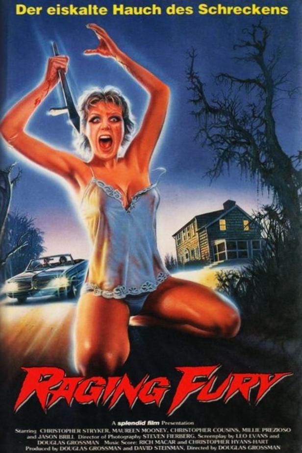 Das Filmplakat für „Raging Fury“ zeigt eine schreiende Frau mit einem blutigen Messer vor einem Haus.