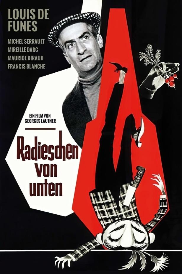 Das Filmplakat für „Radieschen von unten“ mit Louis de Funès.