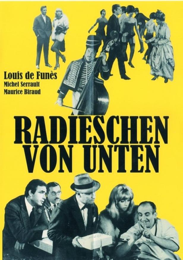 Das Filmplakat für „Radieschen von unten“ zeigt Louis de Funès und andere Darsteller.