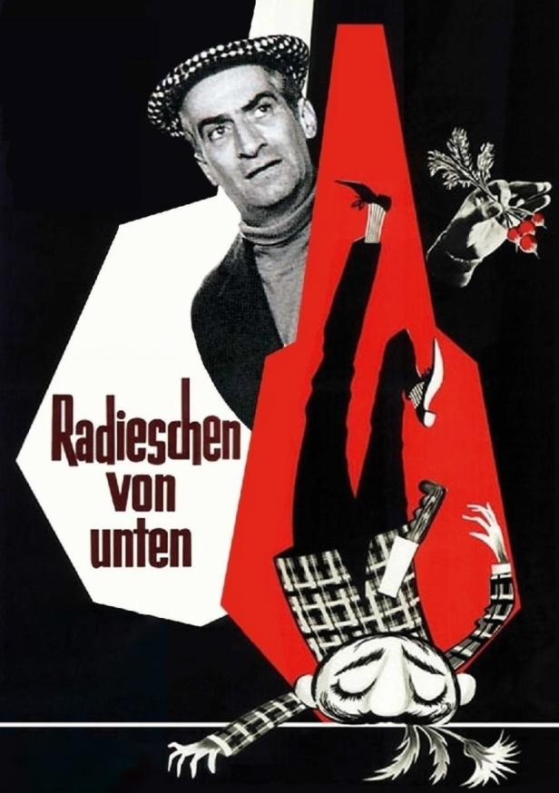 Das Filmplakat für „Radieschen von unten“ zeigt einen Mann und eine stilisierte, auf dem Kopf stehende Figur.