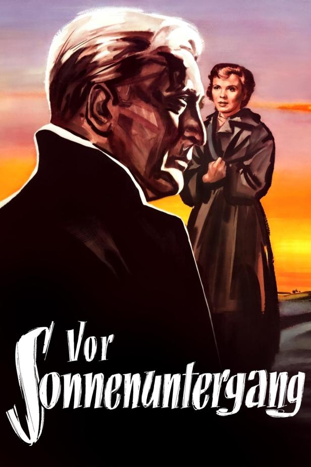 Das Filmplakat für „Vor Sonnenuntergang“ zeigt einen Mann und eine Frau vor einem orangefarbenen Himmel.