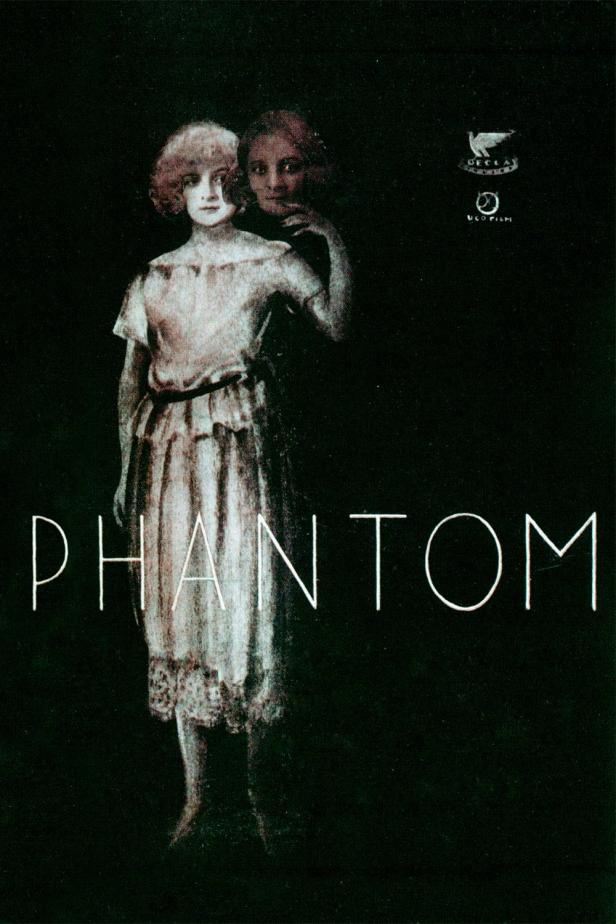 Plakat für den Stummfilm „Phantom“ mit einer jungen Frau und einem geisterhaften Gesicht im Hintergrund.