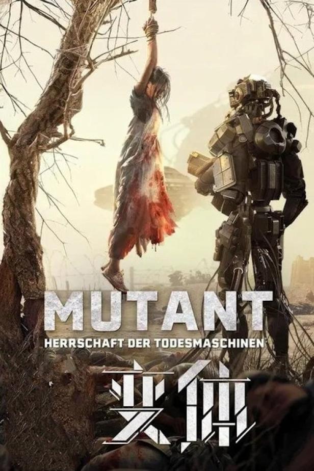 Ein Filmposter für „Mutant: Herrschaft der Todesmaschinen“ zeigt eine erhängte Frau neben einem Roboter.
